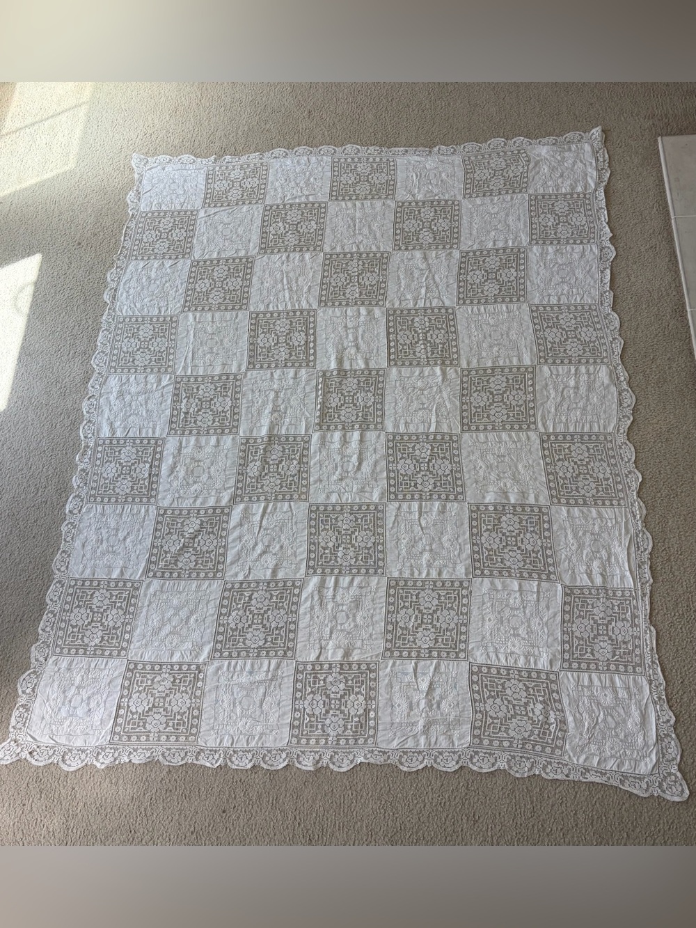 Vintage Floral Filet Lace Tablecloth Off White 65”*80”